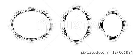 Black halftone ellipse frame set. Oval dotted gradient border collection. Pop art comic dot picture holders for banner template, copy space, emblem, poster element. Vector rasterized framing back Black halftone ellipse frame set. Oval dotted gradient border collection. Pop art comic dot picture holders for banner template, copy space, emblem, poster element. Vector rasterized framing back 124065984