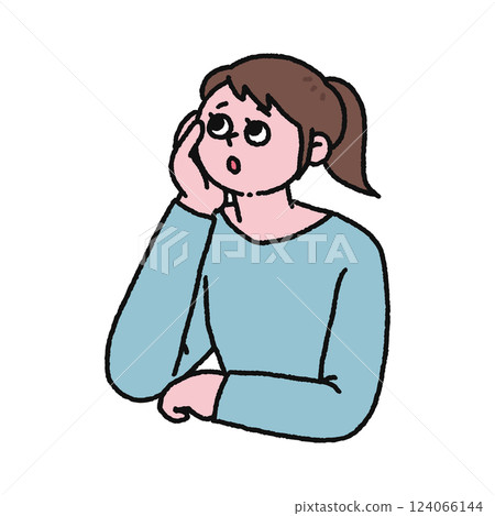 一位女士雙手托著下巴，思考著某件事 124066144