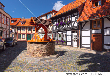 Historic Well and Half-Timbered Houses in Wernigerode, Germany 124066360
