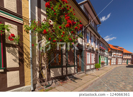 Narrow Street with Half-Timbered Houses in Wernigerode, Germany 124066361