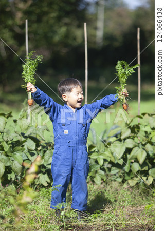 男孩在田裡收割 124066438