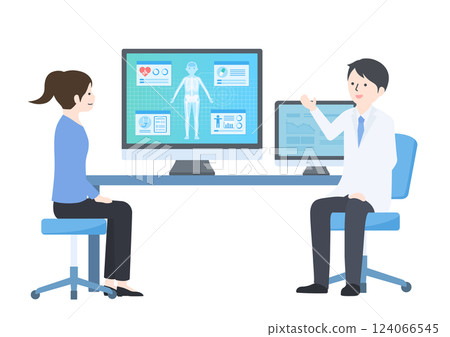 Female and male doctors talking while looking at test results in an examination room 124066545