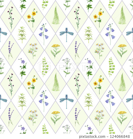Summer mood wild flowers seamless pattern tile watercolor hand drawn vintage style illustration. Blue bell flower, chamomile, buttercup, fern leaves, green grass, lavender elements elegant pattern 124066848