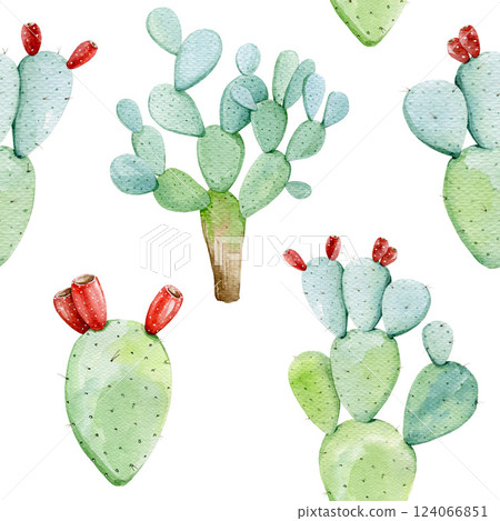Prickly pear cactus seamless pattern hand drawn vintage style watercolor illustration. Opuntia cactus natural healthy desert succulent plant on white background seamless pattern design element 124066851
