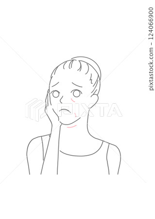 Line drawing of a woman with tied hair who is worried about wrinkles and sagging skin 124066900
