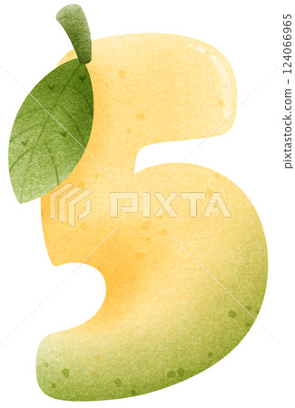Watercolor cartoon of mango number 5 with leaves,  Number hand drawn for kids 124066965
