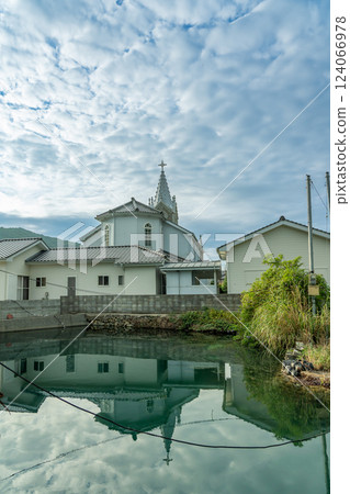 Amakusa City, Kumamoto Prefecture - A morning view from the sea of Amakusa Sakitsu Catholic Church, a UNESCO World Heritage Site 124066978