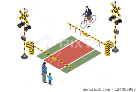 Isometric illustration: People waiting at a railroad crossing 124066988