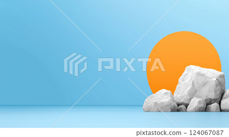 Minimalistic coastal cliff design with rocks and bright sun Minimalistic coastal cliff design with rocks and bright sun 124067087