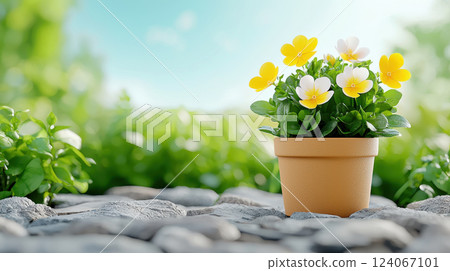vibrant flower pot with yellow and white blooms, set serene garden. natural light enhances beauty of scene, creating peaceful vibrant flower pot with yellow and white blooms, set serene garden. natural light enhances beauty of scene, creating peaceful 124067101