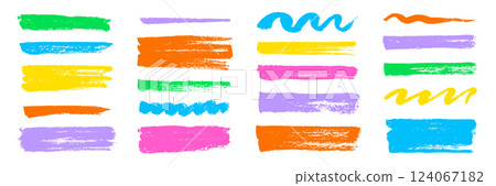 Brush texture stroke pencil color underline highlight. Marker pen highlight stroke. Vector hand drawn brush underline element set for accent, crayon texture emphasis effect. Chalk vector 124067182