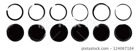 Brush stroke texture circle hand drawn element set. Hand drawn brush stroke calligraphy rough line frame. Texture stroke circle background. Abstract stain grunge style. Vector Brush stroke texture circle hand drawn element set. Hand drawn brush stroke calligraphy rough line frame. Texture stroke circle background. Abstract stain grunge style. Vector 124067184