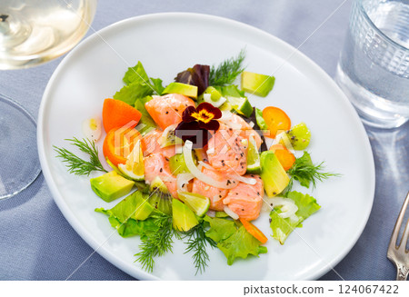 Tasty seafood ceviche from salmon with avocado, green dill and cumquat Tasty seafood ceviche from salmon with avocado, green dill and cumquat 124067422