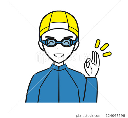 游泳課/課程:一個穿著泳衣的男孩做出 OK 手勢(簡單) 游泳課/課程:一個穿著泳衣的男孩做出 OK 手勢(簡單) 124067596