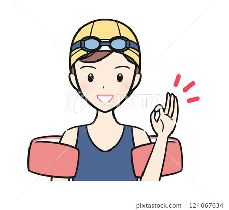 游泳課/課程:一個穿著泳衣的女孩做出 OK 手勢 游泳課/課程:一個穿著泳衣的女孩做出 OK 手勢 124067634