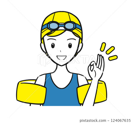 游泳課/課程:一個穿著泳衣的女孩做出 OK 手勢(簡單) 游泳課/課程:一個穿著泳衣的女孩做出 OK 手勢(簡單) 124067635