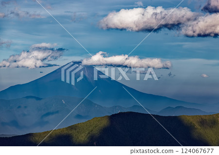 Mount Fuji and anti-crepuscular rays as seen from Senmaigoya in the Southern Alps Mount Fuji and anti-crepuscular rays as seen from Senmaigoya in the Southern Alps 124067677