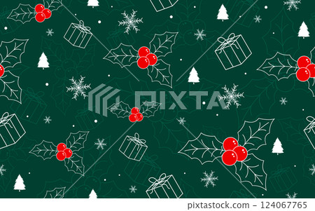 Christmas and new year sameless pattern background design of gift box with xmas leaf on green background Vector illustration Christmas and new year sameless pattern background design of gift box with xmas leaf on green background Vector illustration 124067765