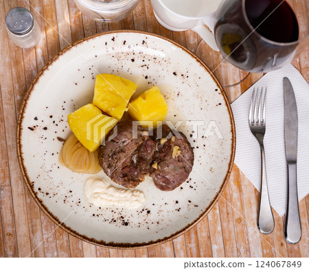Fried pork with potatoes 124067849