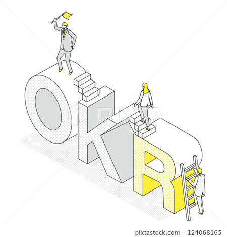 Illustration of a business aiming to achieve goals with OKR 124068165