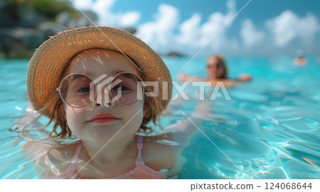 Adorable little girl enjoying a swim in clear turquoise water wearing stylish sunglasses and straw hat 124068644