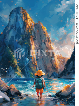 Little explorer stands before towering painted mountain in vibrant fantasy landscape.  124068664