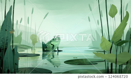 Adorable Frog Sitting in Rainy Pond Surrounded by Plants 124068720