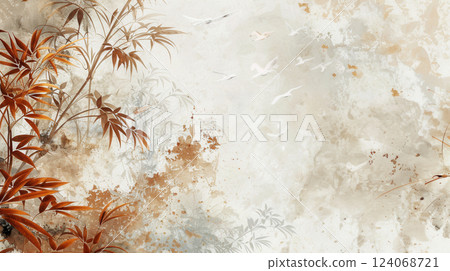 Elegant Asian-Inspired Watercolor with Bamboo and Birds 124068721