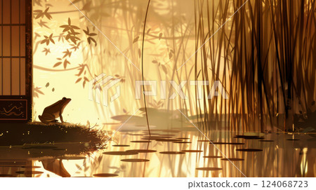 Golden Summer Pond Scene with Frog Resting on Rock at Sunset 124068723