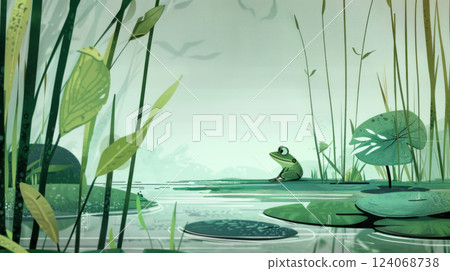 Illustration of Frog Resting on Rock at Golden Hour in Warm Summer Evening 124068738