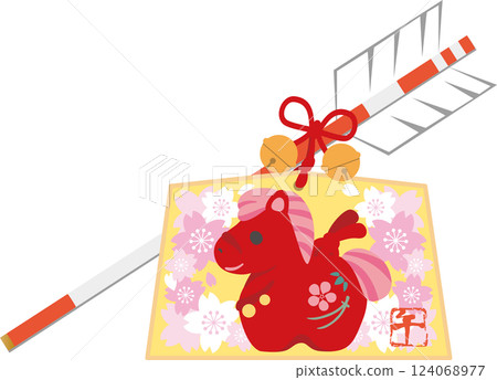 New Year's card, New Year, 2026, Horse, Ema, Hamaya, Clay bell, Cherry blossoms, Cute, Horse, Year of the Horse, Zodiac sign, Design, Illustration material 124068977