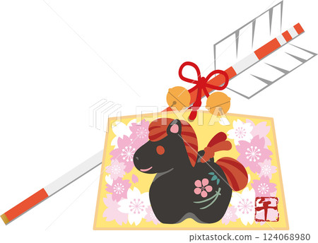 New Year's card, New Year, 2026, Horse, Ema, Hamaya, Clay bell, Cherry blossoms, Cute, Horse, Year of the Horse, Zodiac sign, Design, Illustration material 124068980
