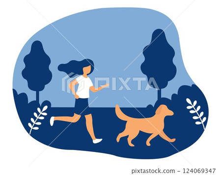 Woman jogging with dog in the park. Flat vector illustration. 124069347