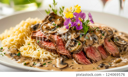 Gourmet beef stroganoff with sliced medium-rare steak, creamy mushroom sauce, and fragrant rice, elegantly garnished with edible flowers and fresh herbs on a white plate 124069576