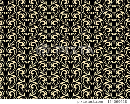 Floral pattern. Seamless vector background. Vintage wallpaper in the Baroque style. Golden and black ornament for fabric, wallpaper, packaging. Ornate Damask flower illustration Floral pattern. Seamless vector background. Vintage wallpaper in the Baroque style. Golden and black ornament for fabric, wallpaper, packaging. Ornate Damask flower illustration 124069618