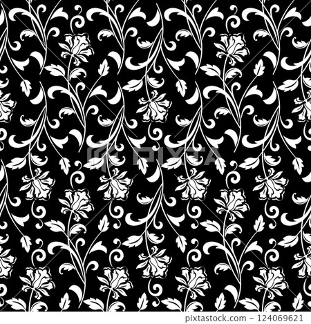 Flower pattern. Seamless white and black ornament. Graphic vector background. Flower pattern. Seamless white and black ornament. Graphic vector background. 124069621