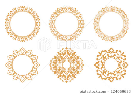 Set of decorative frames Elegant vector element for design in Eastern style, place for text. Floral golden and white borders. Lace illustration for invitations and greeting cards 124069653