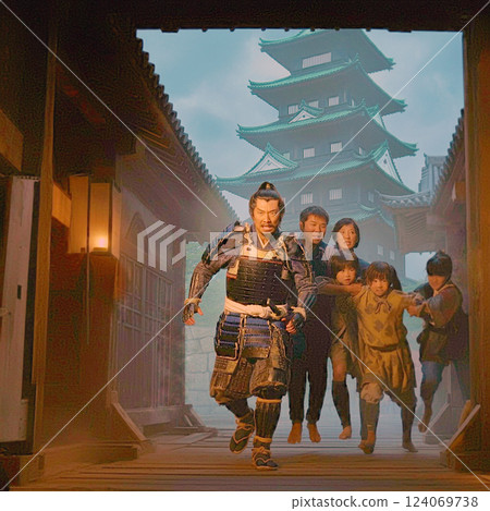 Samurai and family leaving the castle 124069738