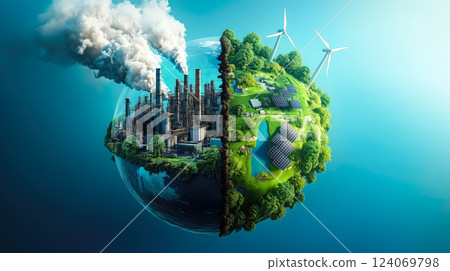 Half of the world is covered in air pollution, while the other half remains clean and unpolluted. Generative AI. 124069798