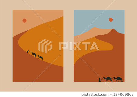 Desert landscape art print set. Mid century posters sun nature scenes, minimal contemporary wall decor. Vector illustration Desert landscape art print set. Mid century posters sun nature scenes, minimal contemporary wall decor. Vector illustration 124069862