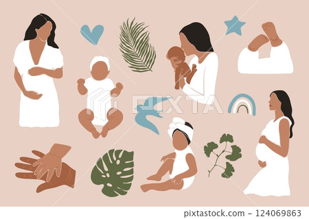 Abstract mother kid icon set. Flat pregnant woman baby elements, contemporary printable bundle. Vector cartoon art Abstract mother kid icon set. Flat pregnant woman baby elements, contemporary printable bundle. Vector cartoon art 124069863
