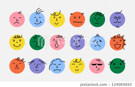 Abstract smile face icons. Cartoon round emoji avatars, emoticon character set, funny doodle isolated vector elements Abstract smile face icons. Cartoon round emoji avatars, emoticon character set, funny doodle isolated vector elements 124069893