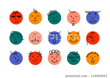 Round comic faces. Abstract smile characters, cartoon emoji avatars, doodle comic emoticon elements. Funny vector set 124069941