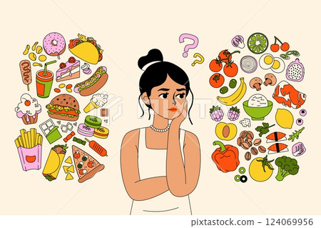 Healthy or unhealthy food. Fastfood vs health nutrition, woman chooses between good and bad meal, girl with junk snack and diet balanced meal. Vector cartoon illustration 124069956