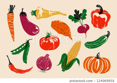 Vegetables riso print. Colorful organic food screen printing effect for fabric, textile, poster. Carrot tomato chilli pepper pumpkin eggplant radish cucumber pea parsnip corn onion. Vector set 124069958