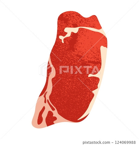 Raw beefsteak cut. Cartoon meat steak with bone and fat, beef slice ingredient for grill barbecue, fresh fillet sirloin meat product, restaurant menu design. Vector isolated illustration 124069988