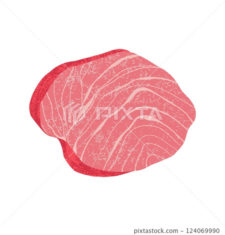 Tuna steak. Raw red fish fillet, uncooked bluefin yellowfin seafood for sushi, healthy gourmet meal, restaurant food menu concept. Vector isolated illustration 124069990