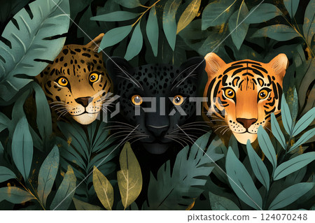 Black panther and tiger illustration. Jungle wild animals 124070248