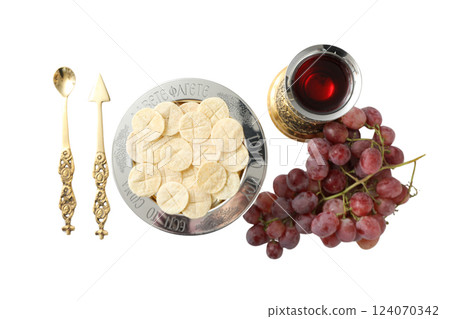 PNG, Eucharist, set of religious objects for the rite, isolated on white background 124070342