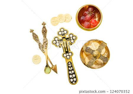 PNG, Eucharist, cross, host, grapes and religious utensils for communion, isolated on white background 124070352